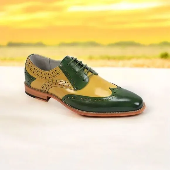 GIOVANNI MEN'S GREEN/SCOTCH LEATHER WING TIP DRESS SHOE. TROY. - Picture 1 of 9